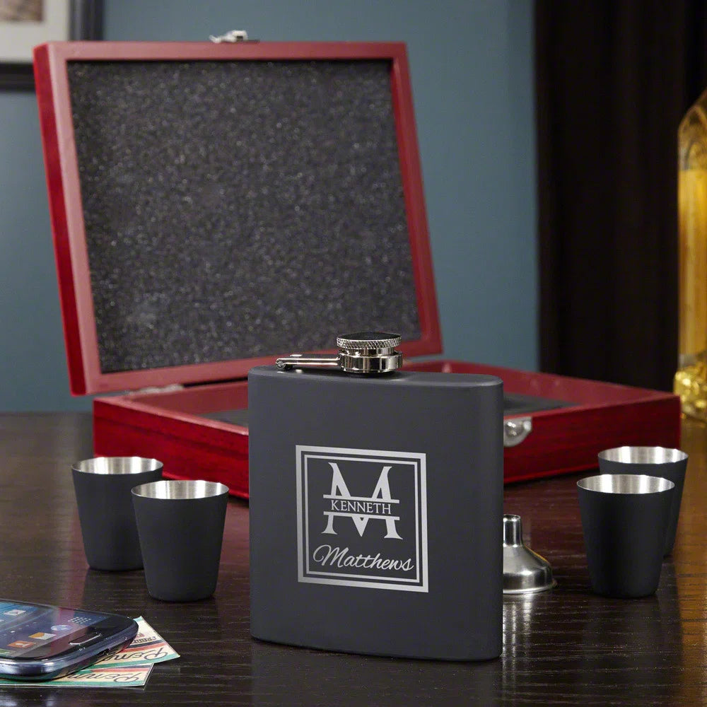 Drew Engraved Blackout Flask & Shot Glass Gift Box