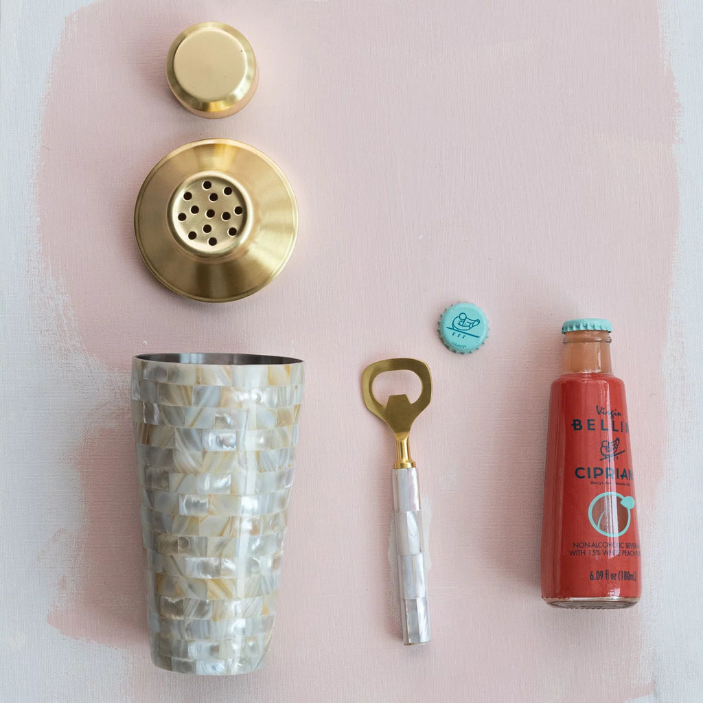 Stainless Steel And Mother Of Pearl Inlaid Cocktail Shaker