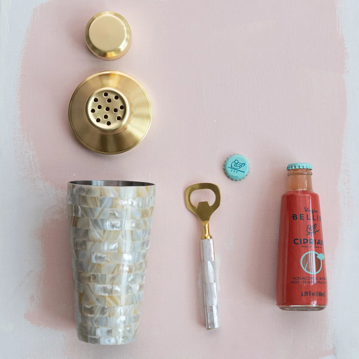 Stainless Steel And Mother Of Pearl Inlaid Cocktail Shaker